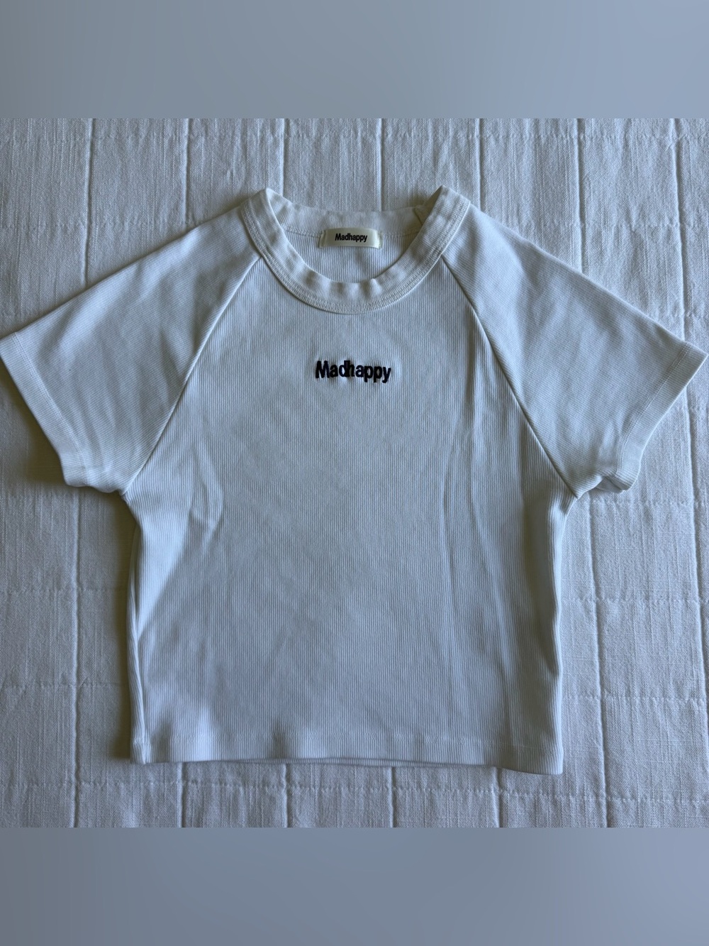 MadHappy White Ribbed Logo Short Sleeve Top